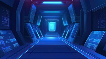 Futuristic interior featuring a long, illuminated hallway with blue neon lights and advanced user interfaces displaying abstract data, representing innovation and high tech environments