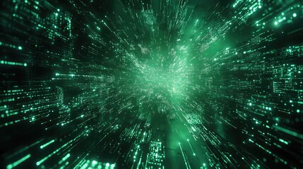 Data points and lines creating a complex network, representing rapid information flow, digital communication, and advanced technology in an abstract cyberspace environment