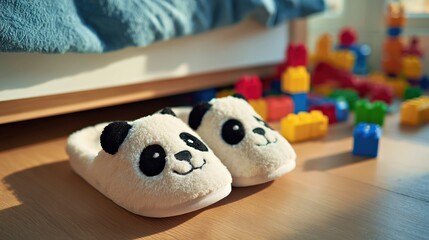 Cute panda slippers placed on wooden floor beside colorful building blocks, creating a playful and cozy atmosphere in a child's room with soft natural light