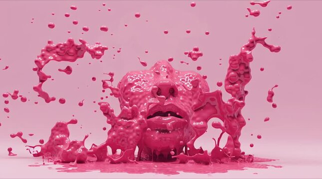 Abstract Art Featuring a Surreal Pink Human Face Sculpture with Splashing Paint-Like Liquid Effect in Minimalistic Style
