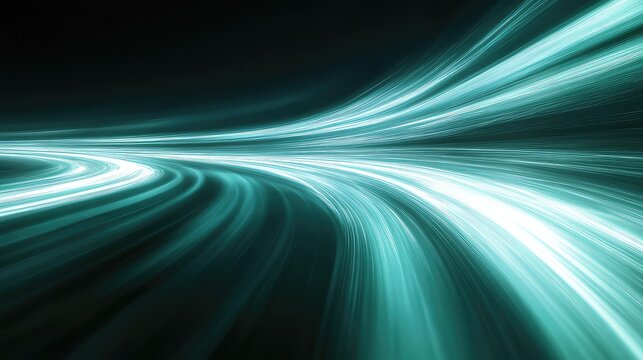 Abstract digital rendering showing bright teal light trails curving rapidly into the dark background, representing concepts of speed, data flow, and modern technology