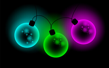 Neon Christmas Garland with Glowing Balls on Black Background