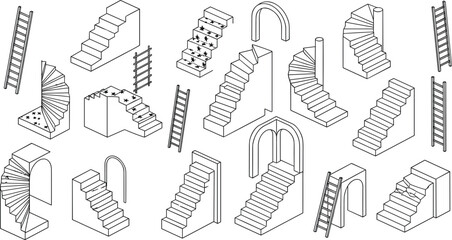 Black and white isometric outline vector collection featuring various geometric staircases, spiral stairs, steps, and construction plans, platform games, and abstract design concepts. © MdGohurul