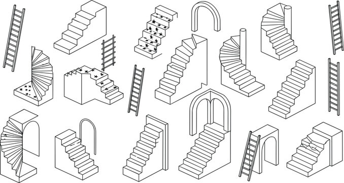Black and white isometric outline vector collection featuring various geometric staircases, spiral stairs, steps, and construction plans, platform games, and abstract design concepts.