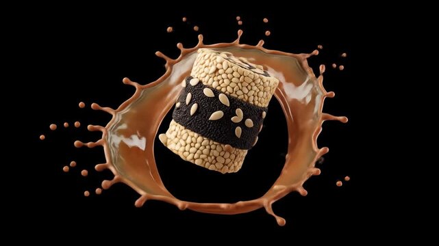 Chocolate Splash over a Textured Sweet Snack in a dynamic studio environment, suitable for