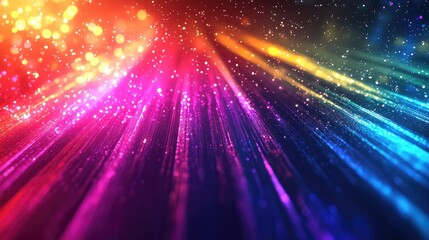 Naklejka premium Abstract background showing colorful light rays bursting upwards, creating a vibrant motion effect with glowing bokeh particles and shimmering glitter