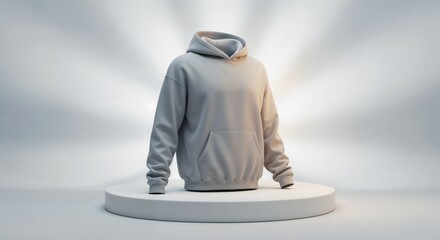 Light Gray Hoodie on Pedestal with Spotlight &ndash; Studio Apparel Mockup for Fashion and Advertising