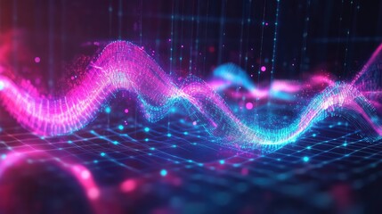 Abstract sound waves or data streams flow across a glowing virtual grid, representing digital information processing, futuristic technology, and big data analysis