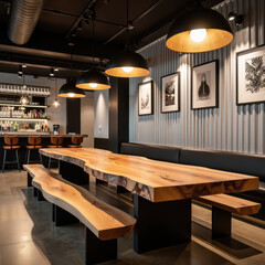 Modern dining area features large wooden table with unique edges, stylish black lighting, and sleek bar in background, creating cozy atmosphere