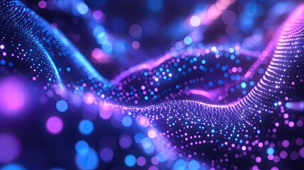 Glowing blue and purple particles form an undulating wave of light, visualizing streaming digital data, interconnected networks and futuristic information flow in a tech landscape