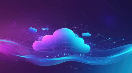 Cloud network structure forming the core of a digital system, visualizing data transfer and global connectivity with flowing lines and glowing points on a gradient technological background