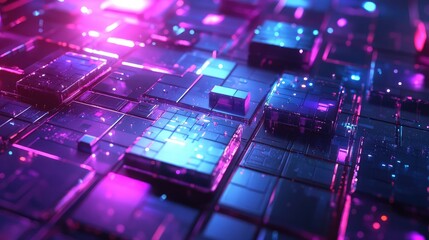 Abstract technology background showing a futuristic global network grid with interconnecting data blocks and glowing light particles, representing concepts of ai and big data