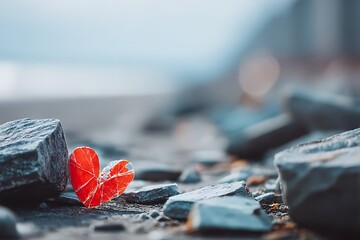 A shattered, cold heart left on dark, desolate rocks, symbolizing broken love, emotional pain, and Valentine's Day grief.