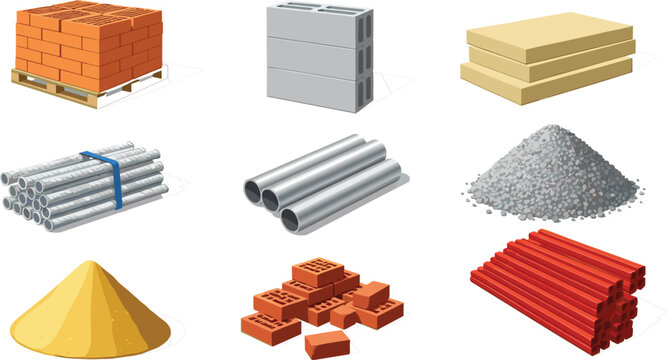 Detailed isometric vector set of essential construction and building materials including bricks, cement blocks, sand, aggregate, insulation boards,