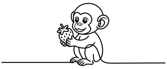 Fototapeta premium Monkey holding strawberry sitting on floor