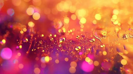 Warm and vibrant abstract background displaying a mix of defocused bokeh lights, glitter effects, and clear water droplets creating a festive and glowing texture