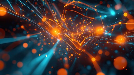 Abstract background showing glowing orange and blue lines connecting particles, representing data flow, digital connections, technology, internet, and communication networks
