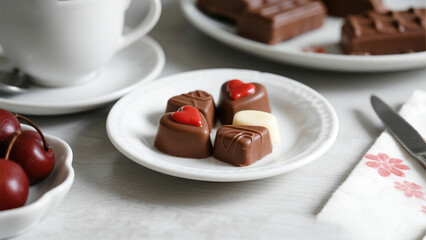 Heart shaped chocolates on white plate