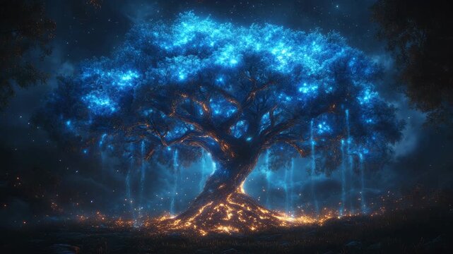 Magical glowing tree of life with blue neon leaves and golden roots. Bioluminescent fantasy forest. Ideal for RPG games, meditation music videos, fairy tale intros, spiritual healing backgrounds