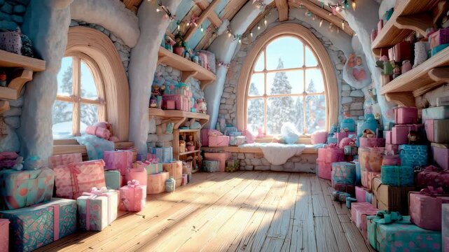Magical Santa Claus workshop interior full of colorful gift boxes with snow window view background backdrop for Christmas holiday shopping sale and fantasy elf house concept