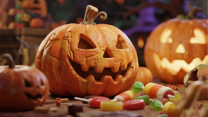 Carved pumpkins with candy on table
