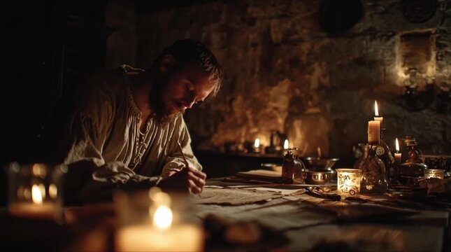 A medieval scribe writes by candlelight in a dimly lit room. The video captures a side angle, highlighting the rustic and historical ambiance