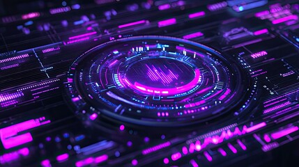 Futuristic technology background showing a central core processing digital information with pulsing light elements, illuminated data streams, and connectivity across a complex circuit board