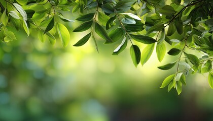 Obraz premium Stunning Natural Frame Featuring Lush Green Foliage Radiating In Sunlight With Blurred Bokeh Background Outdoors, Panoramic View With Copy Space. A Serene Atmosphere Captured In Image.