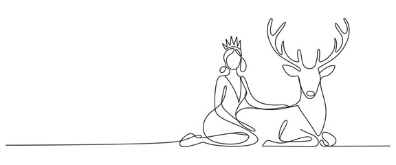 Obraz premium Woman in crown sitting with deer in continuous line drawing style