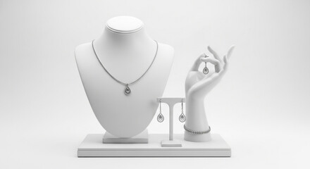 Luxury Necklace Display on White Mannequin Bust with Elegant Hand Holding Earrings in Soft Studio Lighting for Jewelry Advertising