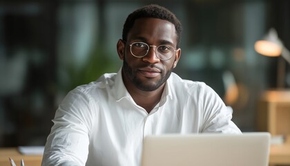Obraz premium African American Man In White Shirt Working On Laptop In Modern Office, Dark Skinned With Glasses. Horizontal Blurred Image.