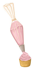 Illustration of an Icing Cupcake with a Piping Bag. Cozy baking supply. Vector.