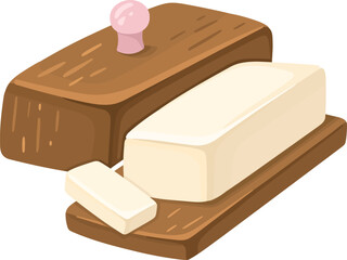 Illustration of Butter on a Wooden Mold. Cozy kitchen. Vector.