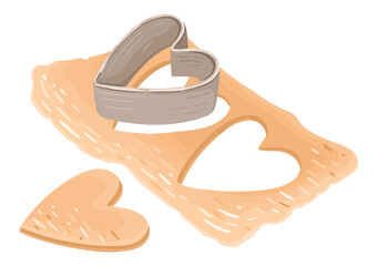 Illustration of heart Cookies with a cookie cutter. Cozy baking. Vector.