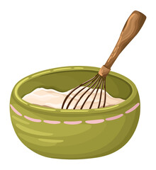 Illustration of a bowl with a whisk and cream. Cozy kitchen. Vector.