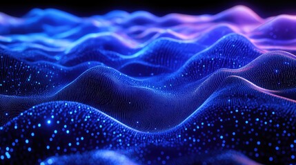 Luminous particles forming undulating waves illustrate a digital concept, representing data flow, network connections, and the abstract nature of technological information
