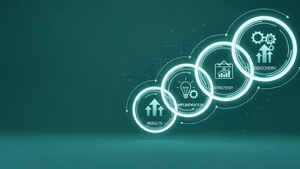 Business process workflow with connected circular icons showing analytics charts and gears on teal gradient background for corporate presentations.