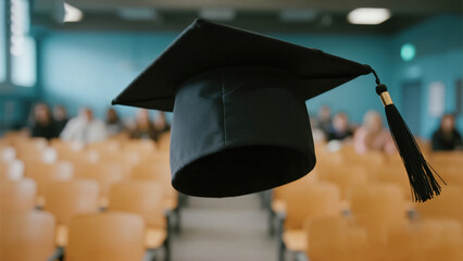 Graduation cap floating in lecture hall
