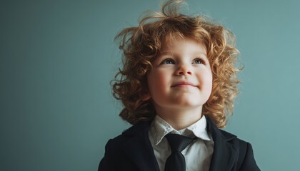 Young Child Playing Businessman At Home: Embracing Creativity, Success, And Ideas. Plenty Of Copy Space Available For Your Content.