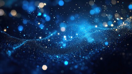 Bright flowing wave of blue and gold particles forming glowing bokeh strands that evoke digital data, network connections, energy flow and futuristic technology ambiance