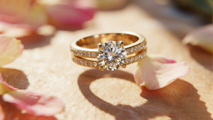 Golden ring with diamond and petals