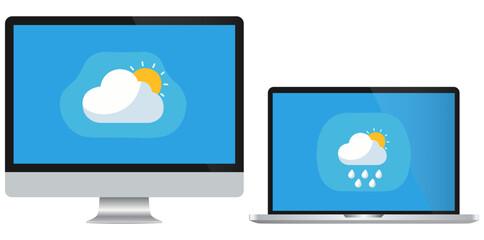 Weather Icon on Digital Devices A stylized weather icon, depicting the sun peeking out from behind a fluffy cloud, adorns the screens of both a computer monitor and a sleek laptop.