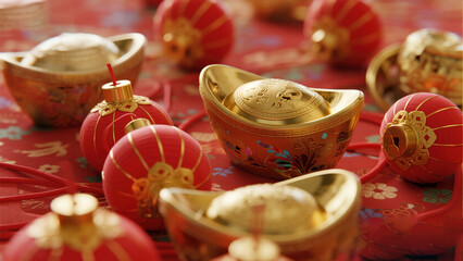 Golden ingots and red lanterns on patterned cloth