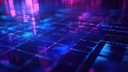 Digital data processing across a glowing network grid, illustrating concepts of connection, artificial intelligence, big data transfer, and futuristic computing technology