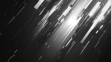 Abstract background shows digital data streaming with geometric lines and rectangles moving diagonally, creating a dynamic visual representing modern technology, speed, and connectivity