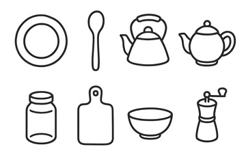 Fototapeta premium Kitchen utensil and cookware icon set in simple black and white style