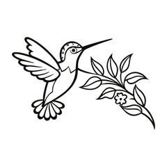 Fototapeta premium A delicate hummingbird hovers among blooming flowers, capturing nature’s charm in intricate lines, perfect for coloring and bringing this lively scene to life. 