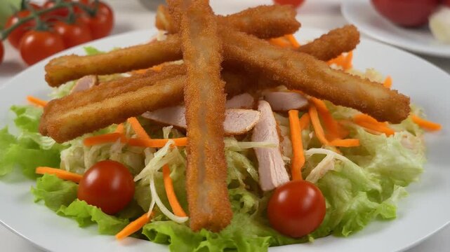 Putenstreifen auf knackigem Salat