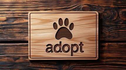 Wooden sign featuring the word adopt with a paw print design, symbolizing pet adoption and animal welfare, set against a rustic wooden background