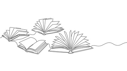 A continuous line drawing depicts four open books scattered across a white background, with pages fanning out.
